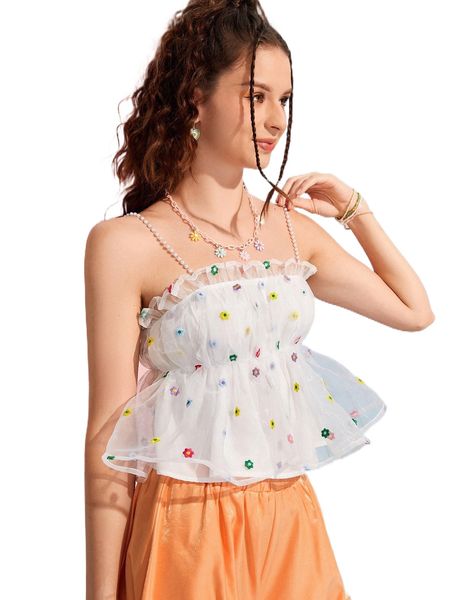 

mod pearls detail floral embroidery frill trim organza cami a7bf#, White