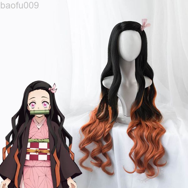 Anime Demon No Nezuko Parrucca Lunga Resistente Al Calore Capelli Sintetici Perucas Parrucche Cosplay e Protezione Della Parrucca L220802