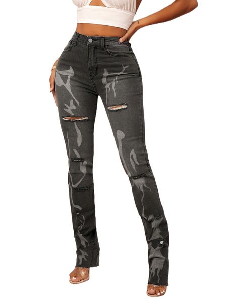 

high waisted graphic ripped jeans 76kd#, Blue