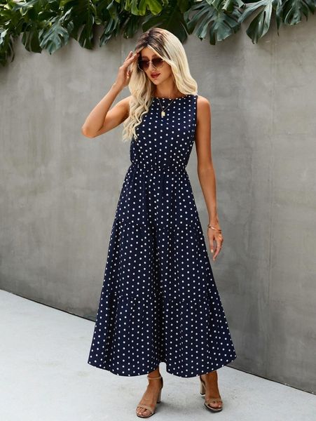 

polka dot sleeveless ruffle hem a-line dress t5dl#, Black;gray