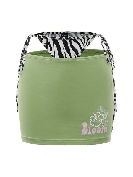 

zebra striped & floral print cut out knot side skirt d0ww#, Black