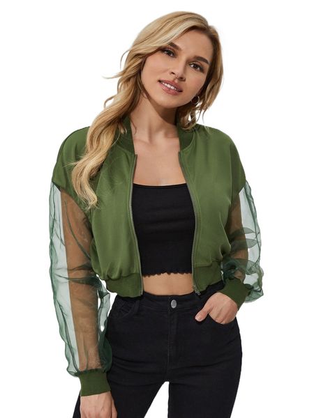 

mesh sleeve bomber jacket n5kd#, Black;brown