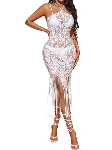 

sxy fringe hem tie back lace dress without lingerie set q1tp#, Black;gray