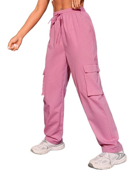 

drawstring waist flap pocket cargo pants d35d#, Black;white