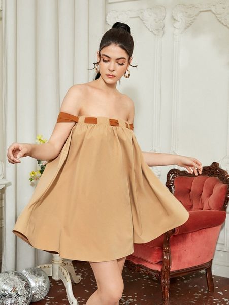 

x sooner or later off shoulder tie back flare hem dress p9mh#, Black;gray