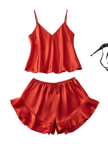 

ruffle hem satin pj set h0fr#, Black;red