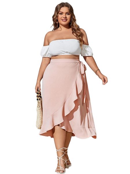 

plus off shoulder crop & wrap knot side skirt k9e1#, Black