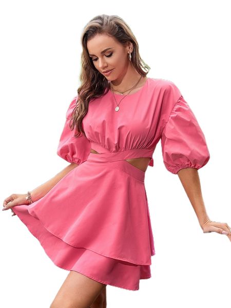

cut out tie back lantern sleeve layered hem dress m6nm#, Black;gray