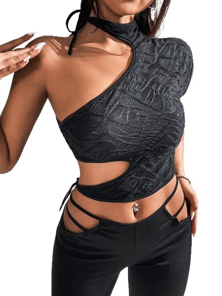

one shoulder cut out knot side crop v3ha#, White