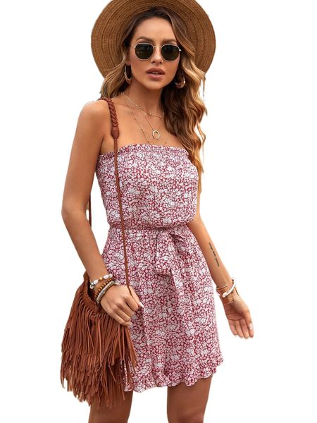 

allover floral print shirred frill hem belted tube romper x6zx#, Black;white