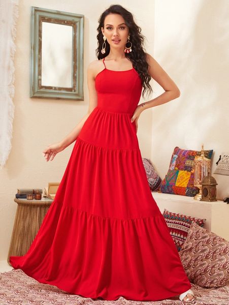 

lace-up halter tiered ruffled maxi dress w82m#, Black;gray