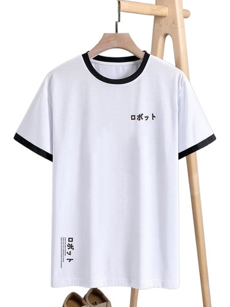 

men japanese letter graphic contrast trim tee a1fj#, White;black