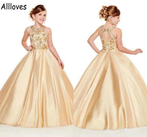 Halter Altın Satin Küçük Kız Pageant Elbiseleri Pullar Boncuklu Nakış Çocuklar Toddler Çiçek Kız Düğün Balo Gowns Bebek Bebek İlk Cemaat Elbise Cl0884