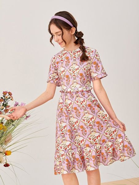 

teen girls floral print frill trim & ruffle hem skirt she, White
