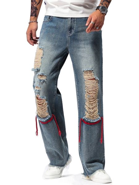 

men rope detail ripped raw hem jeans z1wl#, Blue