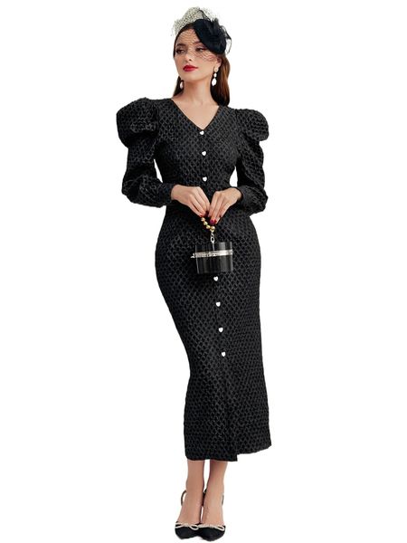

gigot sleeve button front dress c5fh#, Black;gray