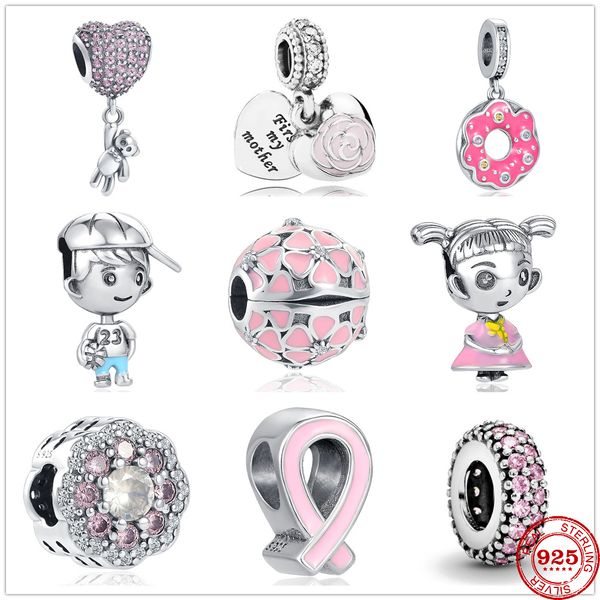 925 Sterling Silver Ciondola Charm Rose Girl Boy Pink Sparkle Spacer Clip Perline Bead Fit Pandora Charms Bracciale Gioielli fai da te Accessori