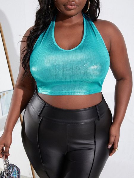 

sxy plus backless crop metallic halter d1wp#, Black