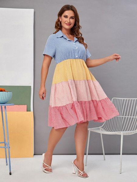 

plus color block gingham shirt dress s7ct#, Black