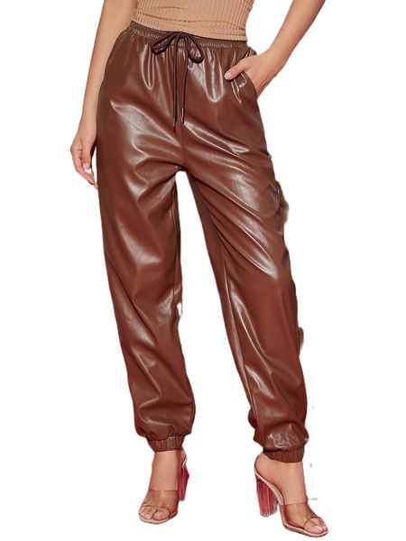 

club drawstring waist solid pu leather pants l1jc#, Black;white