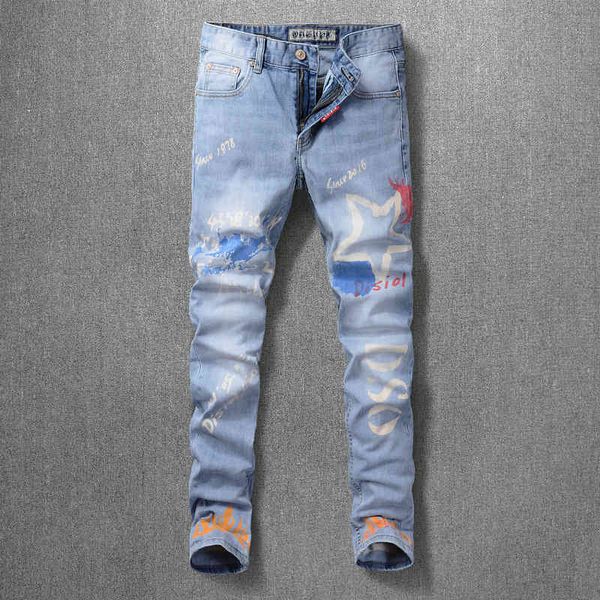 

men's jeans summer elastic slim fit men's jeans small foot print trendy brand personalized street youth versatile pants jrfl, Blue