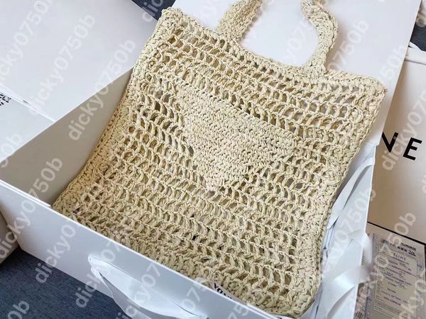 

designer handbags raffia fiber tote bag summer solid color shopping bags embroidered logo luxury casual bag for women grid shaped woven bag