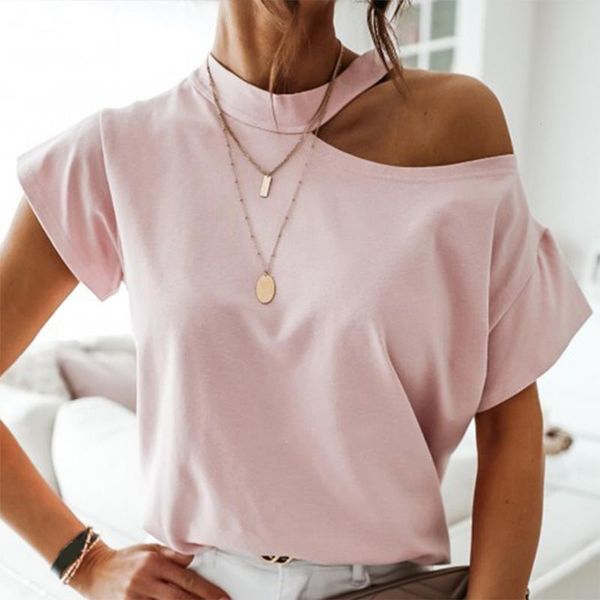 T-shirt da donna a maniche corte con spalle scoperte per ragazze T-shirt bianca solida nera da donna Halter Summer Fashion T-shirt casual Top da donna