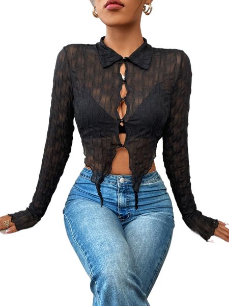 

button front asymmetrical hem sheer shirt q8so#, White