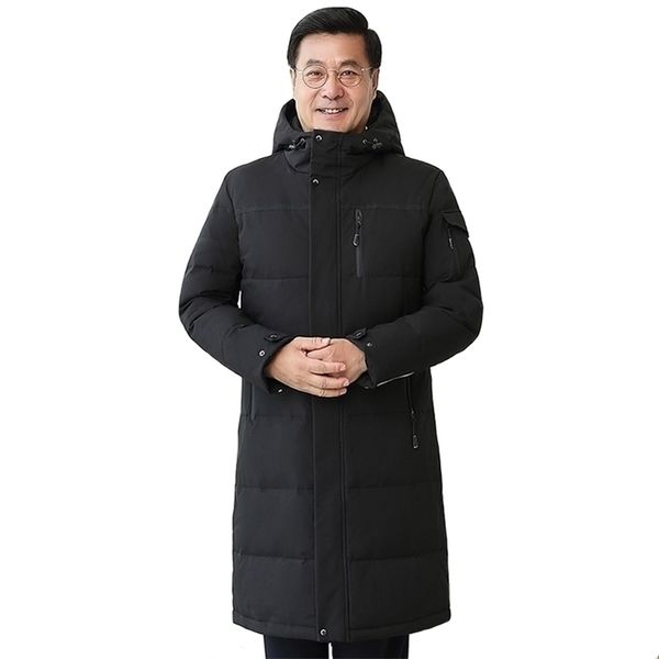 30 graus Middleaged Men Winter Down Casat para pai PLARS TAMANHO 4XL Long White Duck Down Jacket Men Howleed Loose Down Parka Men 201116