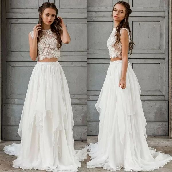 Maßgeschneidertes sexy zweiteiliges Boho-Hochzeitskleid 2021 Crop Top Chiffon Sommer Strand Garten Brautkleider Bodenlanges böhmisches Land-Brautkleid Reißverschluss hinten