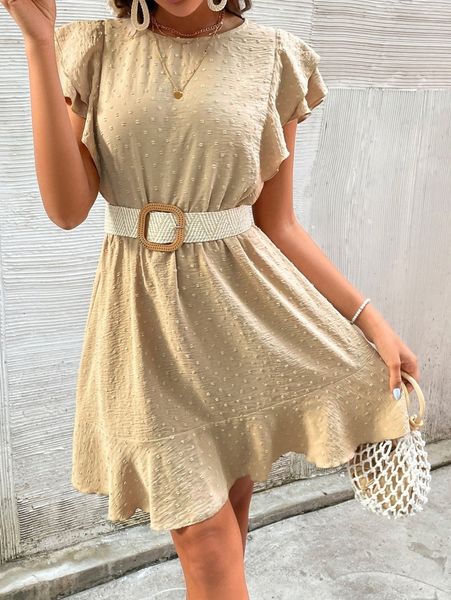 

butterfly sleeve swiss dot dress without belt f2u7#, Black;gray