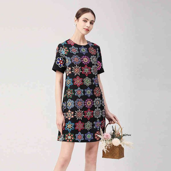 

casual dresses spring and summer print hand nail bead positioning short sleeve slim dress, Black;gray