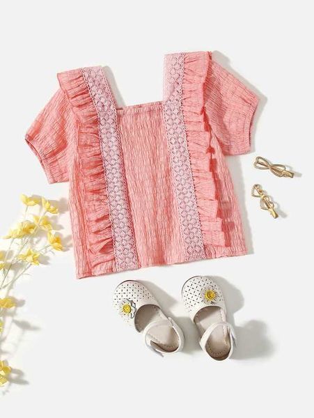 

toddler girls ruffle trim shirred she, White;black