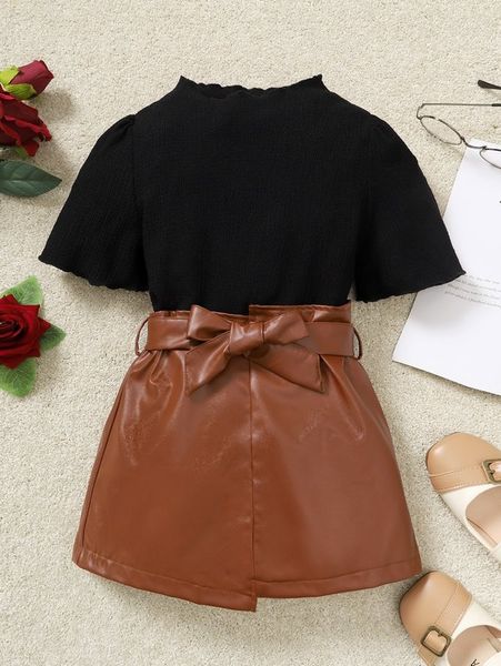 

girls lettuce trim & asymmetrical hem belted skirt she, White