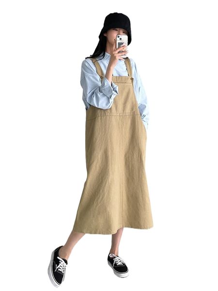 

dazy slant pocket pinafore dress without blouse e6aj#, Black;gray