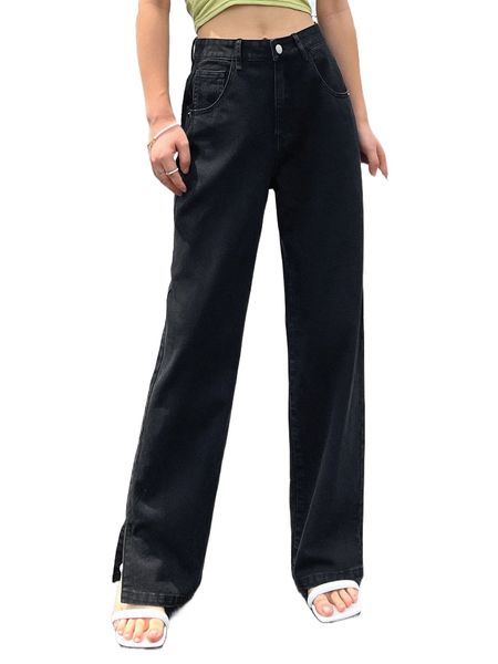 

dazy split hem straight leg jeans 126x#, Blue