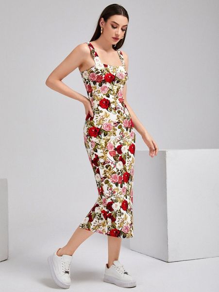 

floral print slit back cami dress t7wq#, Black;gray
