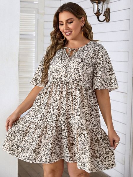 

plus leopard print tie neck smock dress v4ak#, Black