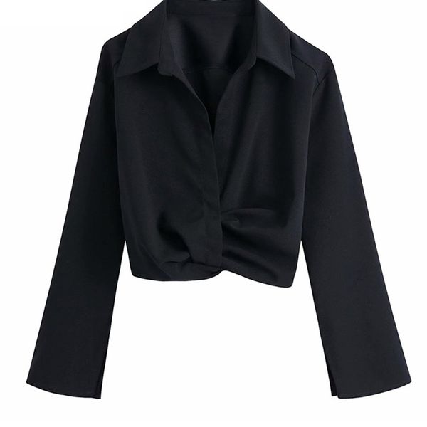 

traf women fashion with knot pleated cropped blouses vintage long sleeve elastic hem female shirts blusas chic 220407, White