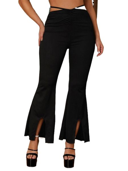 

sxy ruched tie back split hem flare leg pants m70n#, Black;white