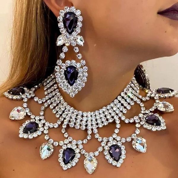 Anhänger Halsketten Hyperbolischer Kristall Royal Übergroße Halskette Ohrringe Schmucksets für Frauen Strass Big Water Drop NecklacePenda