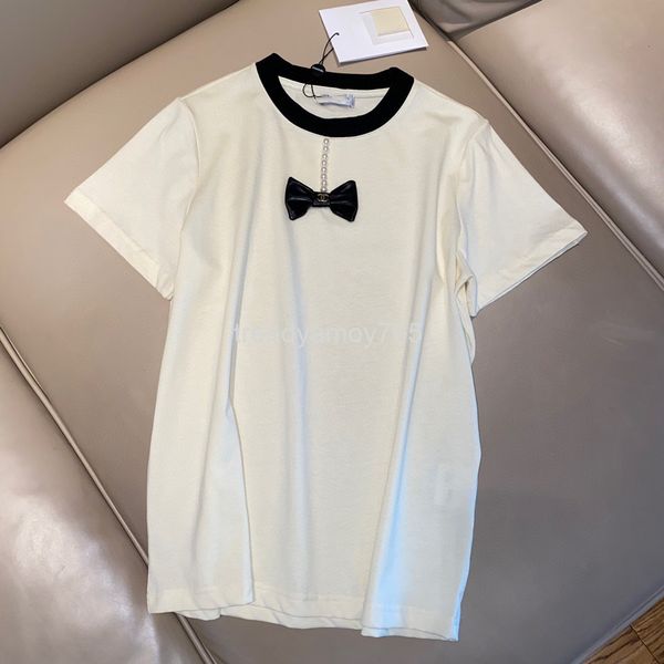 

women's t-shirt correct version of xiaoxiangfeng handmade bow pearl fashion loose and thin temperament round neck t-shirt female, White