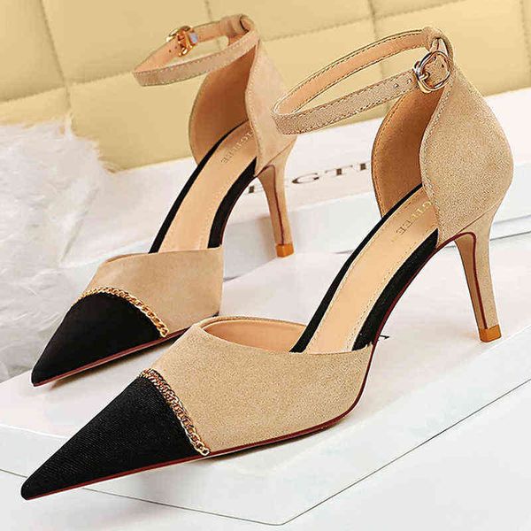 

bigtree shoes suede women pumps fashion kitten heels metal chain stiletto sandals summer ladies plus size 43 220531, Black