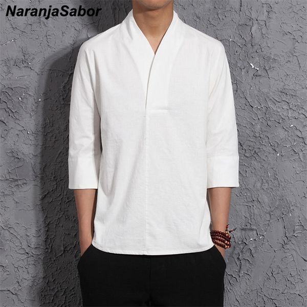 

naranjasabor summer spring fashion mens kimono shirts loose sevenquarter sleeve shirt men blouse brand clothing n569 220706, White;black