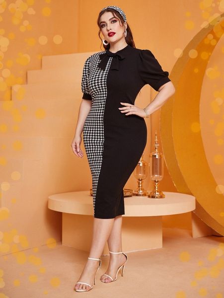

plus contrast houndstooth tie neck puff sleeve split back dress e1a0#, Black
