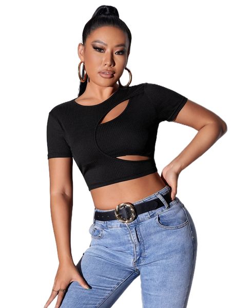 

rib knit cut out crop tee 33yg#, White
