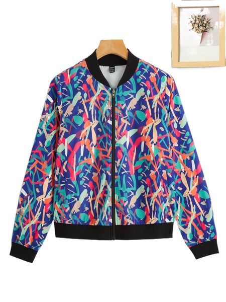 

1pc allover print slant pockets bomber jacket c6wo#, Black;brown