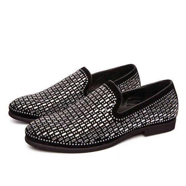 

dress shoes men luxury leather shoes fashion rhinestones sequin slip-on flat loafers mules wedding evening high heels 220325, Black