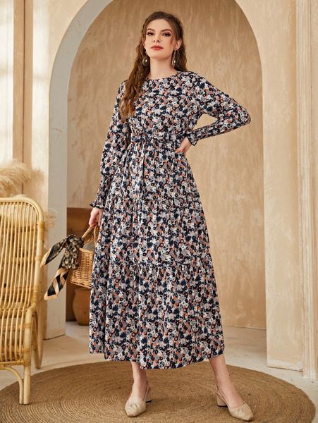

floral print shirred cuff ruffle hem belted dress z3fs#, Black;gray