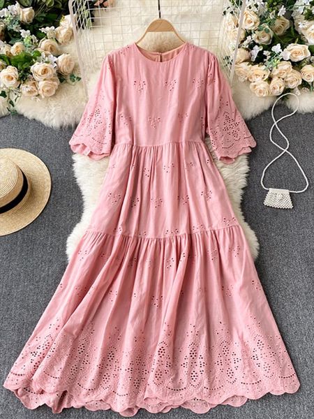 

summer clothes for women dresses casual sweet embroidery lace dress round neck short sleeve cozy loose midi, Black;gray